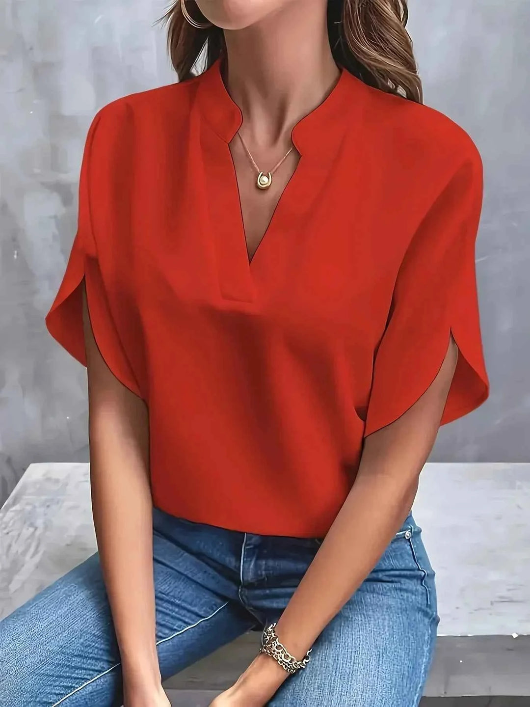 Women's Casual V-Neck Short Sleeve Blouse Red
