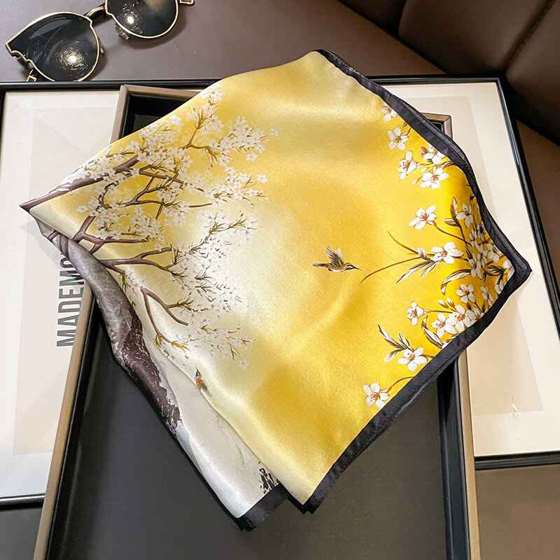 Women's Yellow Floral Print Silk Square Scarf