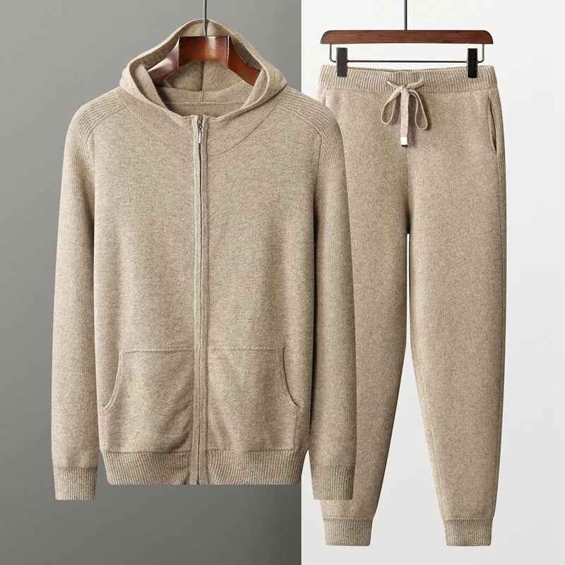 Men's Relaxed Fit Jogging Suit – Soft Luxury Fabric Hoodie with Zipper – Ribbed Cuffs Beige