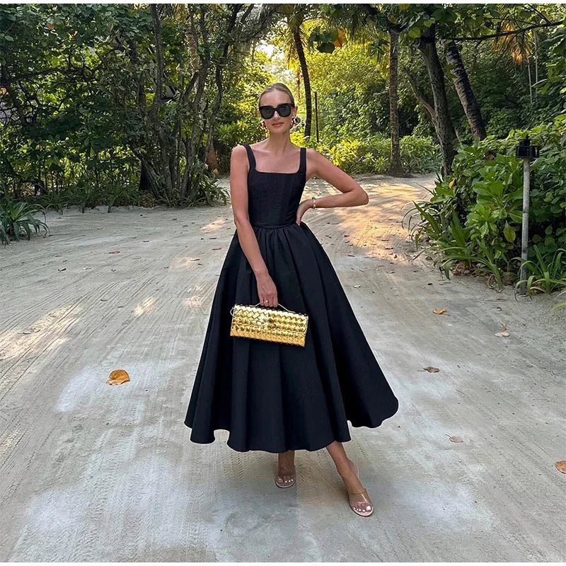 Women's A-line Midi Dress - Sleeveless with Square Neck and Elegant Waist Detail