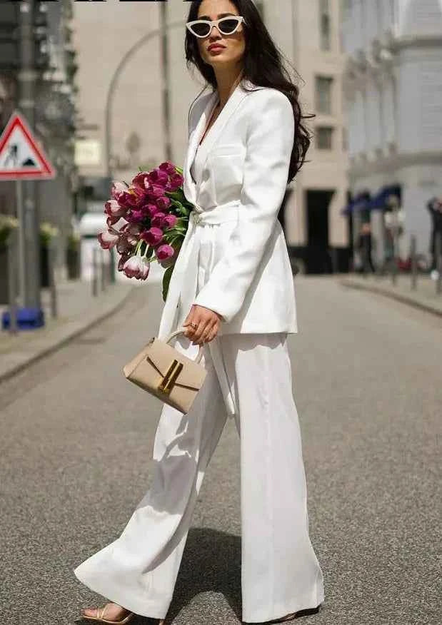 Women's Tailored Blazer Pantsuit - Shawl Collar, High Waist, Straight Legs