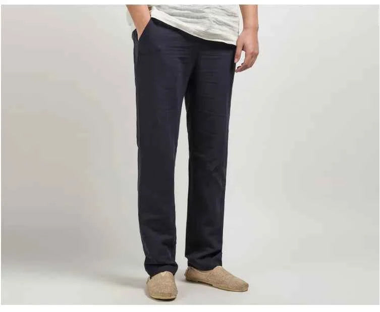 Men's Relaxed Straight Fit Trousers – Breathable Natural Fabric – Full Length Navy Blue