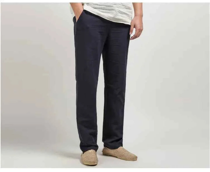 Men's Relaxed Straight Fit Trousers – Breathable Natural Fabric – Full Length Navy Blue