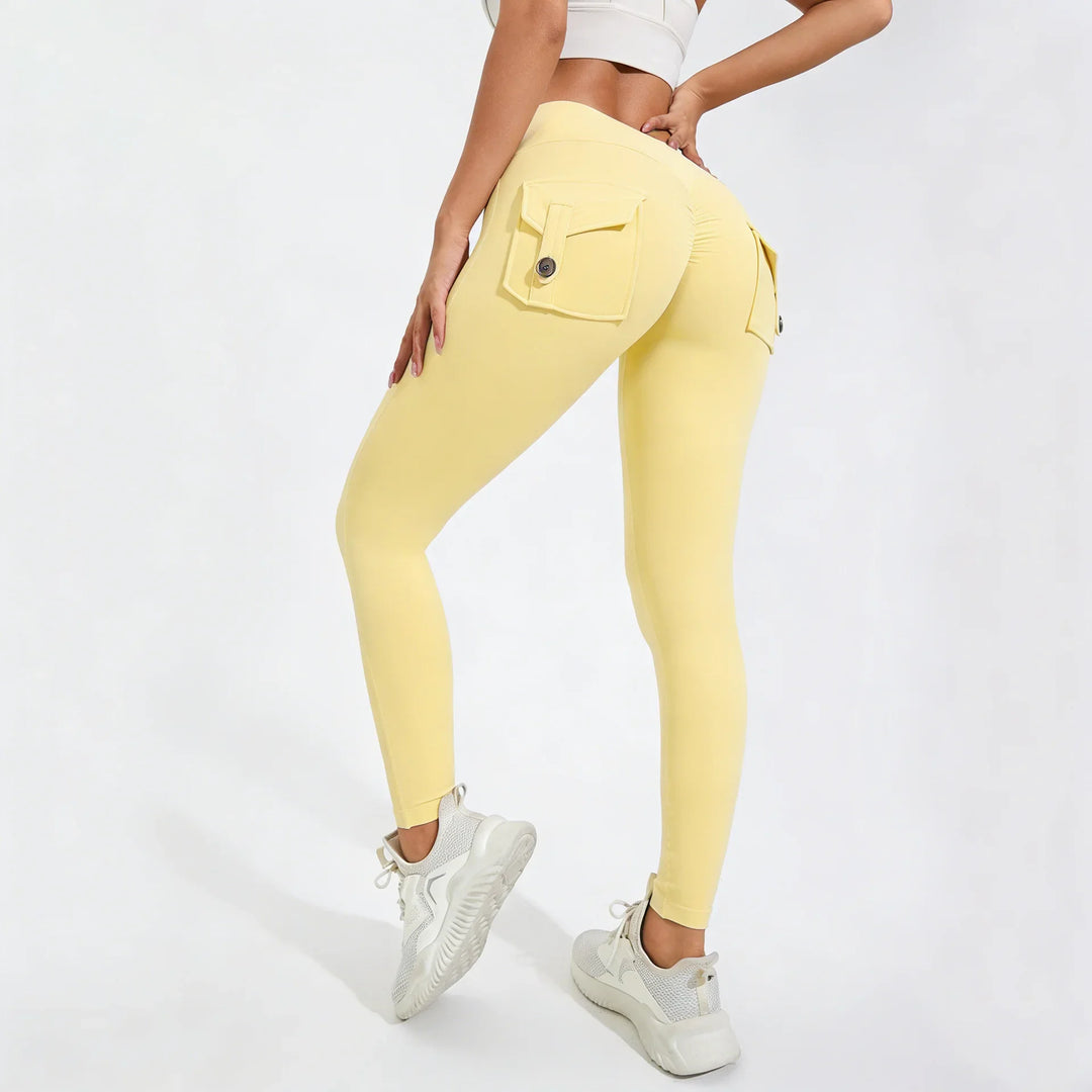 Women's Breathable Yoga Pants with Butt Pocket, Nylon Sports Leggings Light Yellow
