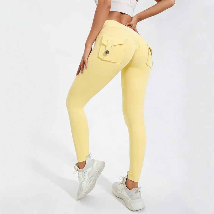 Women's Breathable Yoga Pants with Butt Pocket, Nylon Sports Leggings Light Yellow