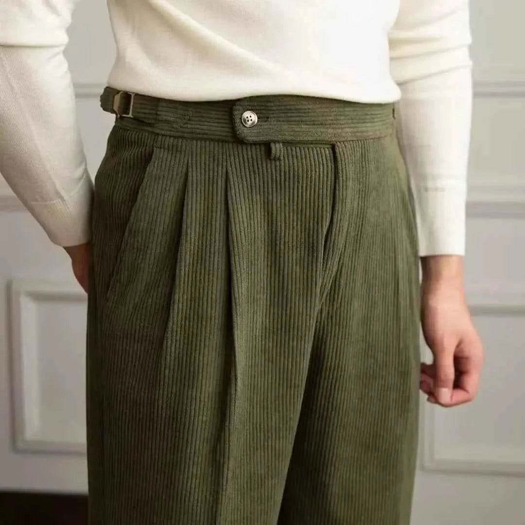 Men's High-Waist Pleated Trousers - Naples Style Green