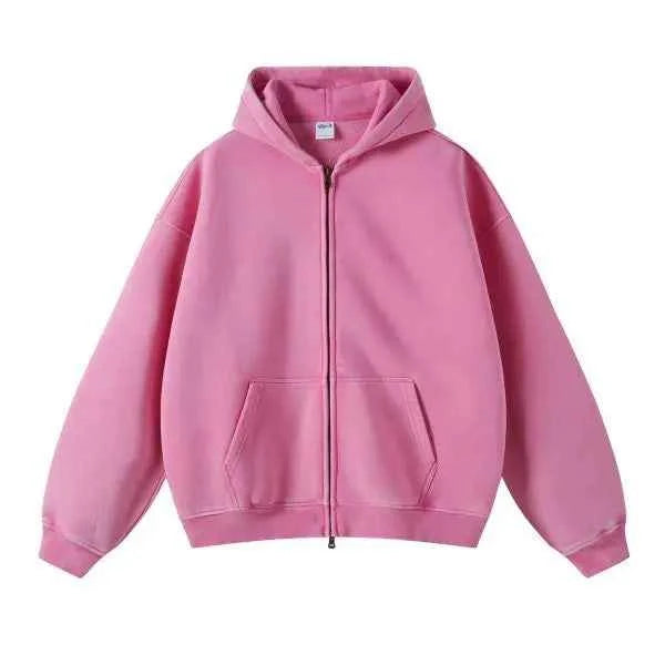 Men and Women's Full-Zip Batik-Wash Street Hoodie Pink