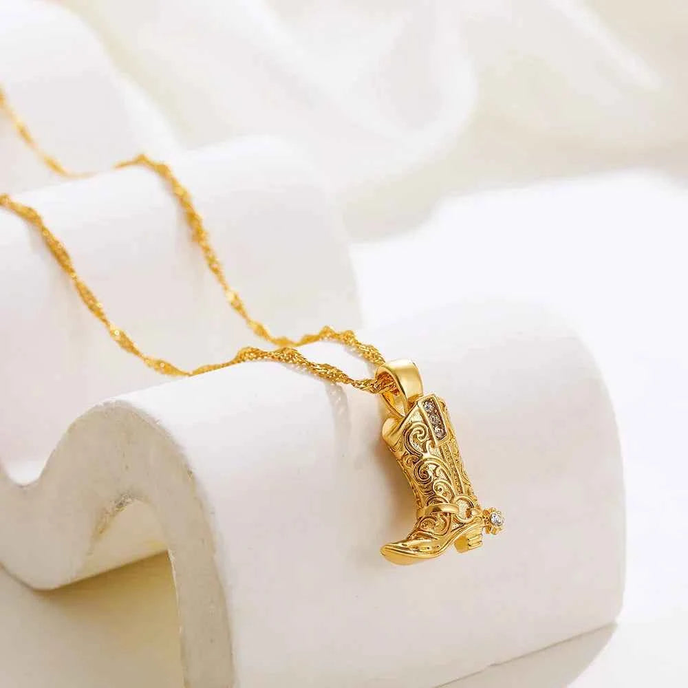 Fur Trim Spur Pendant Necklace in Cowboy Boot Design