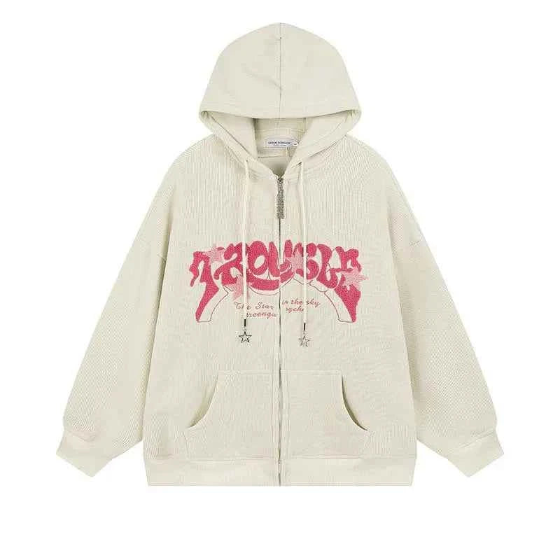 Hoodie Women Harajuku Zip-Up Embroidered Hoodie – Oversized Streetwear Apricot