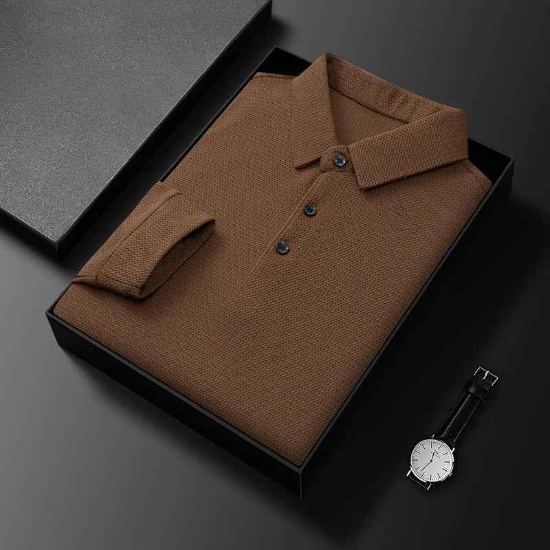 Men's Long Sleeve Polo Shirt – Textured, Breathable Fabric for Comfort Brown