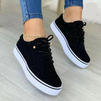 Women's Casual Lace-Up Sneakers with Round Toe Cap - Flat Style Black