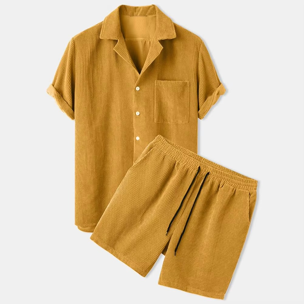 Men's Summer Corduroy 2-Piece Set – Short Sleeve Shirt & Shorts Yellow
