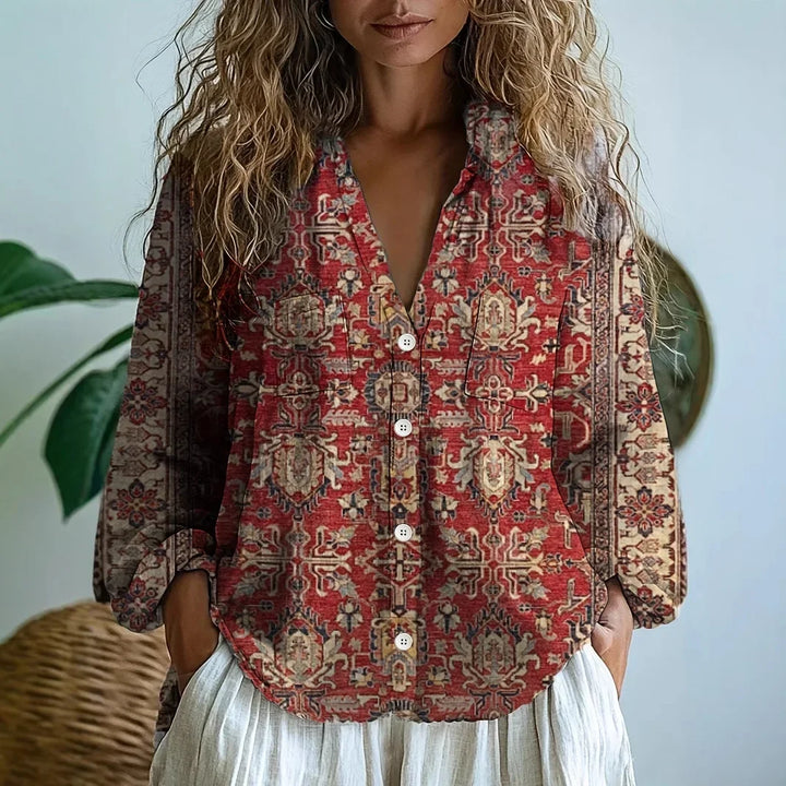 Women's Floral Print V-Neck Blouse in Vintage Style Rust Red