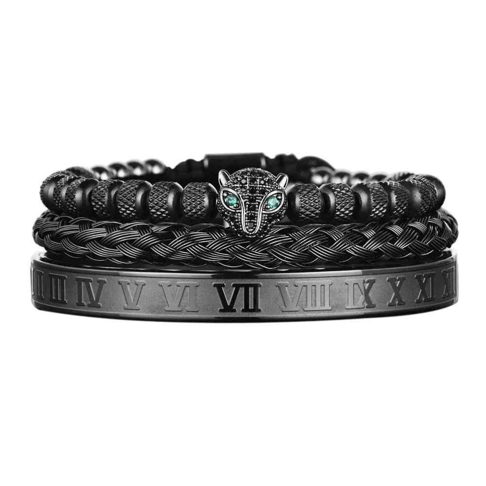 Three-Piece Panther Head Charm Braided Bracelet Set