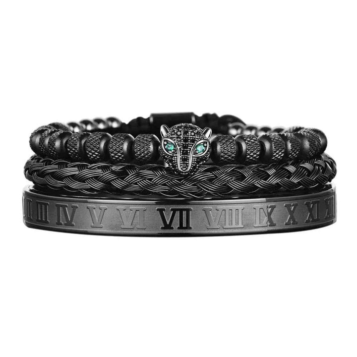 Three-Piece Panther Head Charm Braided Bracelet Set
