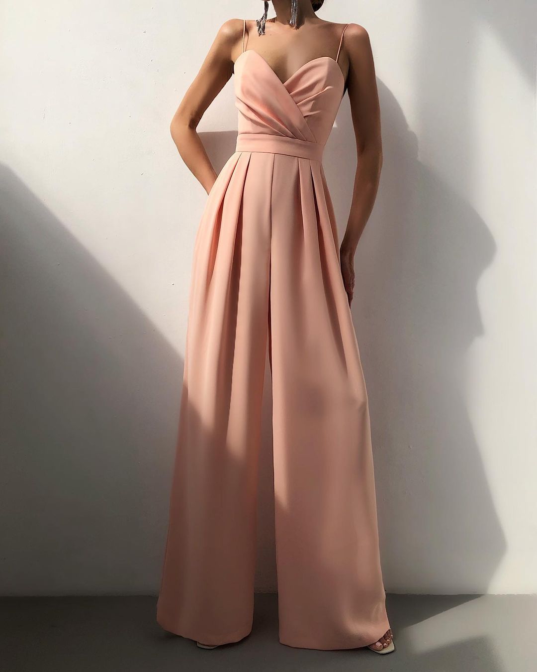 Women's Elegant V-Neck Wrap Jumpsuit with Spaghetti Straps and Wide Legs Apricot