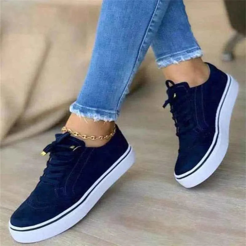 Women's Casual Lace-Up Sneakers with Round Toe Cap - Flat Style Blue