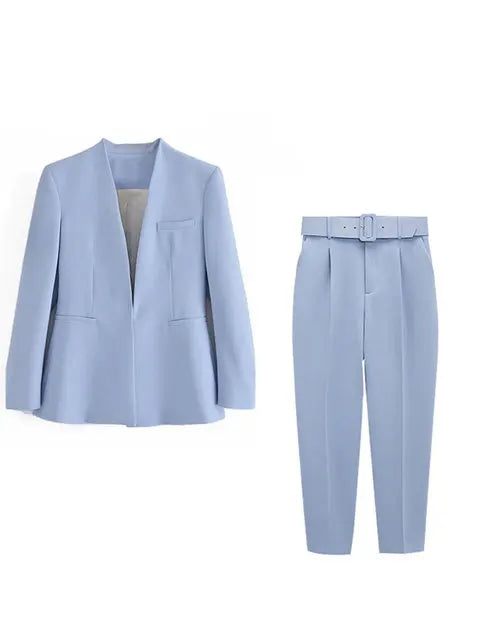Women's Tailored Blazer and High Waist Trouser Suit Set Blue