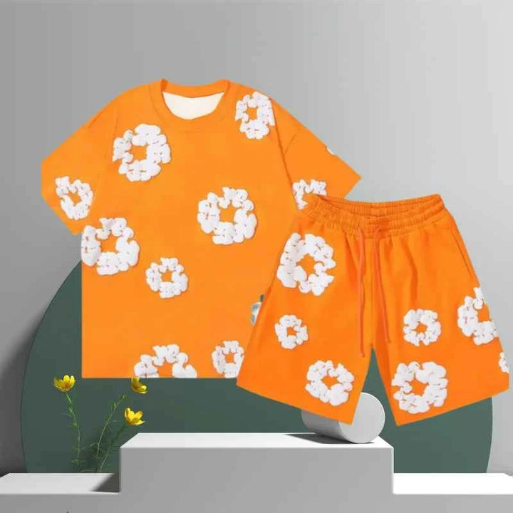 Liam | Men’s 3D Printed Flower Shorts Set – Cotton Streetwear Summer Outfit Orange