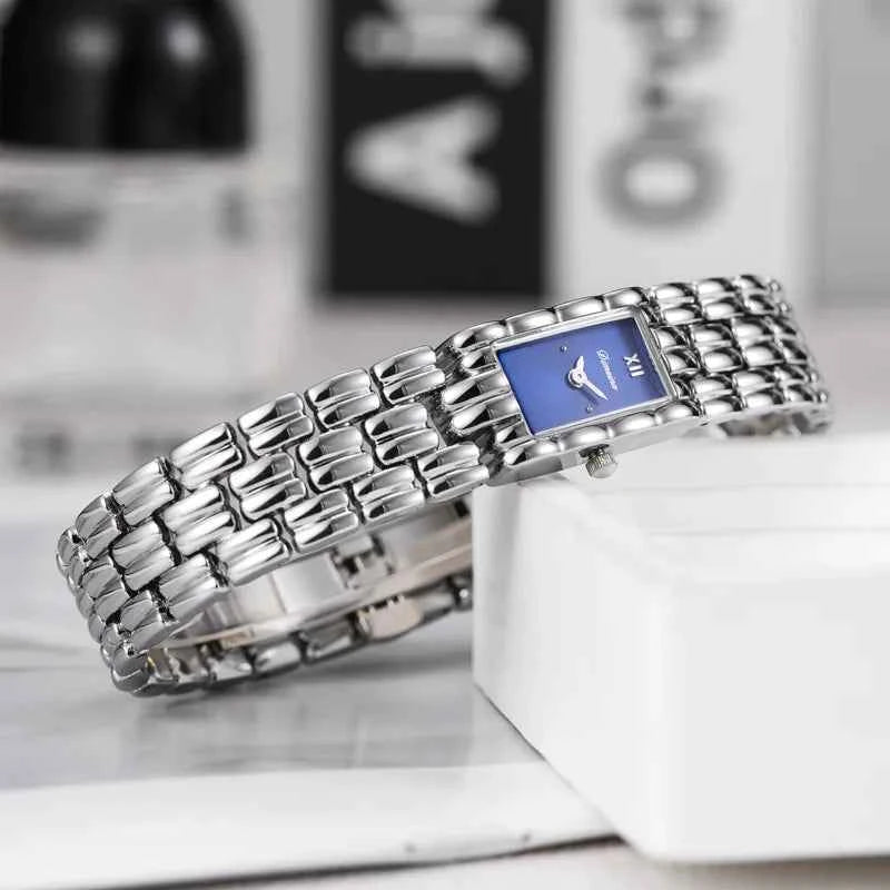 Rectangular Roman Numeral Dial Link Wrist Watch Blue