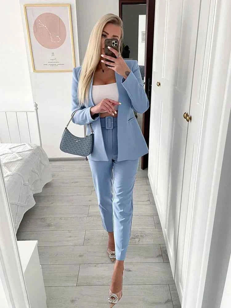 Women's Tailored Blazer and High Waist Trouser Suit Set