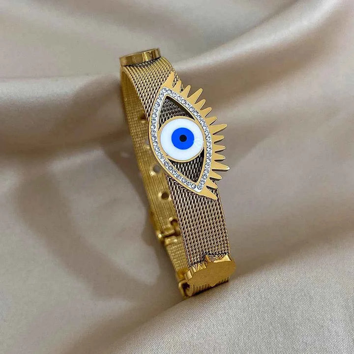 Mesh Band Evil Eye Charm Bracelet with Rhinestone Accents
