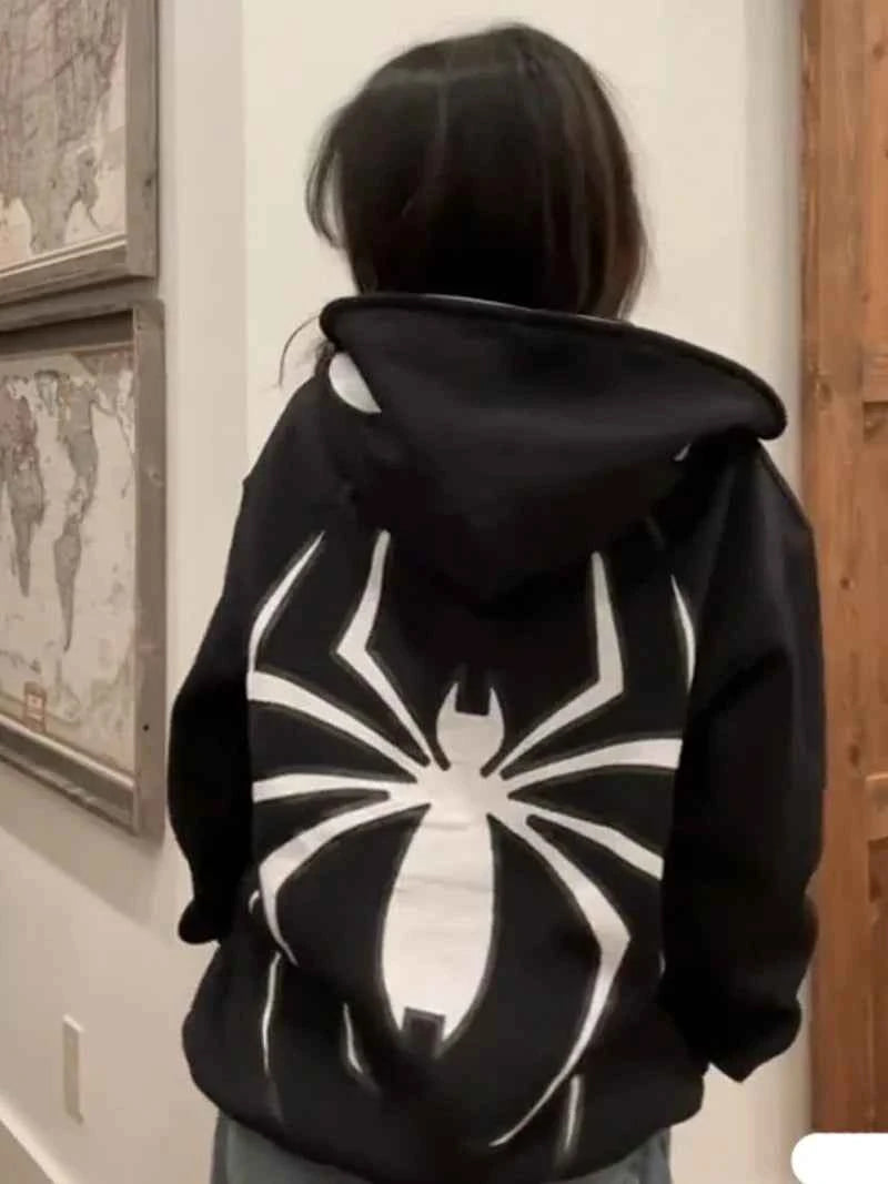 Unisex Y2K Spider Graphic Zip-Up Hoodie Black
