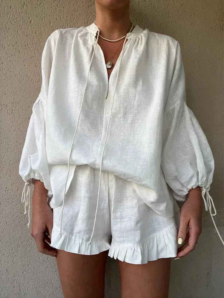 Women's Airy Summer Outfit: Top & Shorts Set White