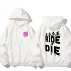 Men and Women 'Ride or Die' Cotton Hoodie White2