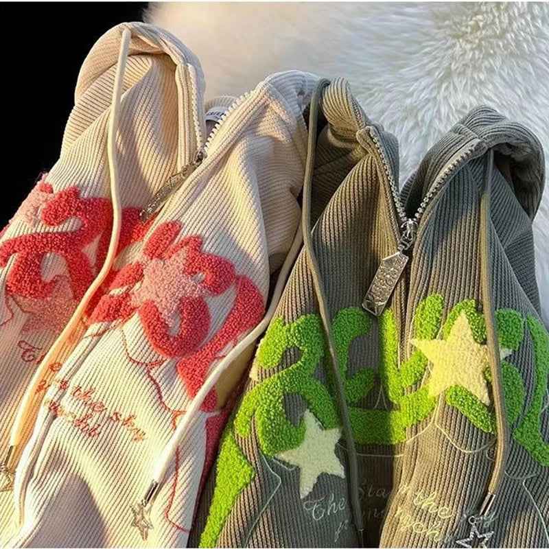 Hoodie Women Harajuku Zip-Up Embroidered Hoodie – Oversized Streetwear
