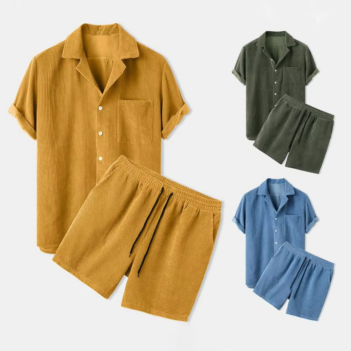 Men's Summer Corduroy 2-Piece Set – Short Sleeve Shirt & Shorts