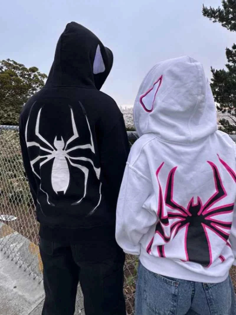 Unisex Y2K Spider Graphic Zip-Up Hoodie