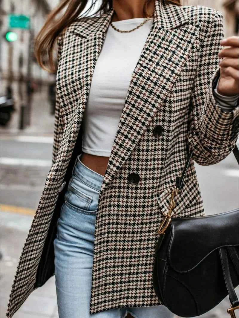 Women's Tailored Double-Breasted Blazer - Pied-de-Poule Pattern - Classic Style
