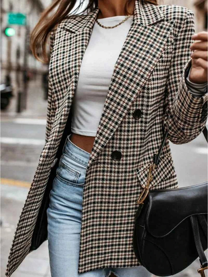 Women's Tailored Double-Breasted Blazer - Pied-de-Poule Pattern - Classic Style