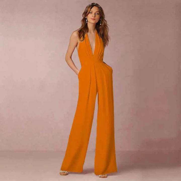 Women's Elegant V Neck Backless Wide Leg Jumpsuit