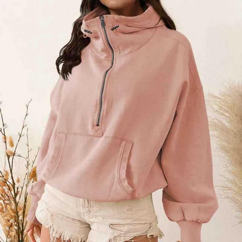Women's Zip-Up Lazy Style Hoodie Pink