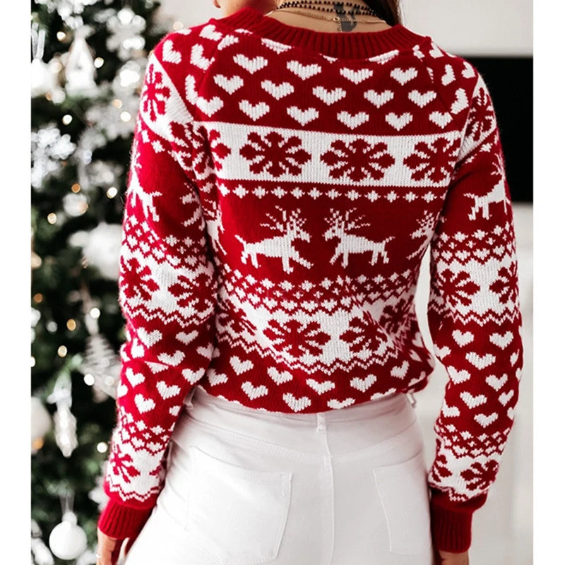 Christmas Winter Women Snowflake Print Knitted Sweater Pullover