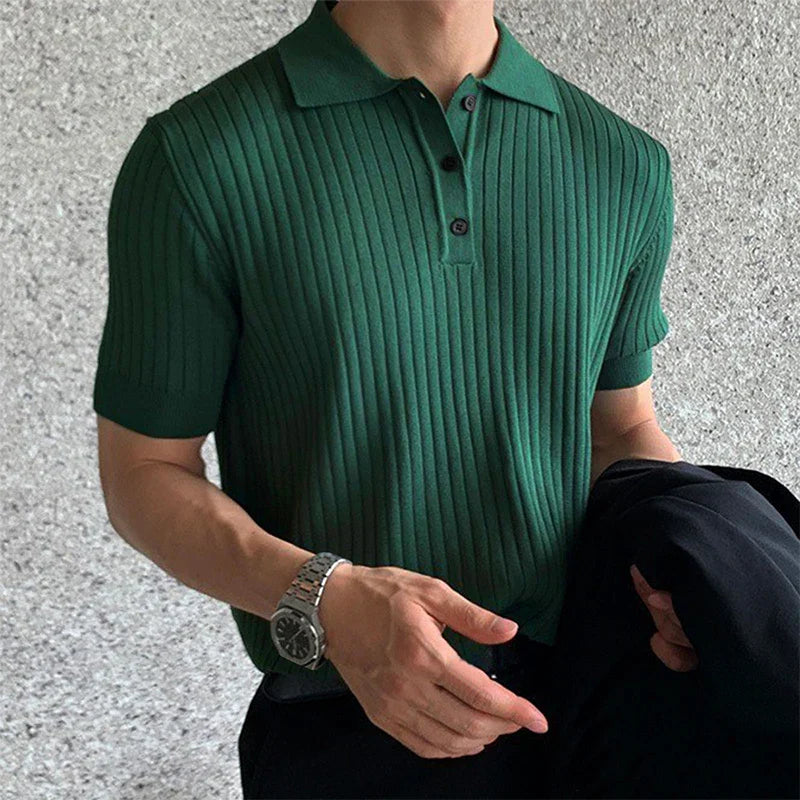Men's Classic Striped Polo Shirt with Revere Collar Green