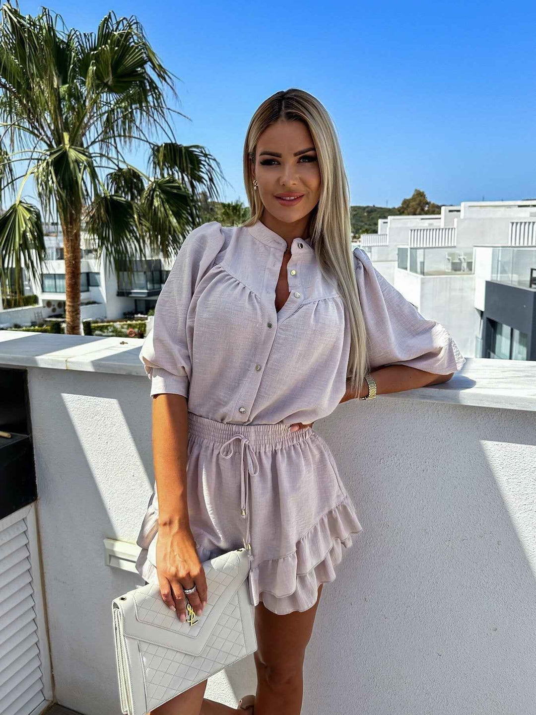 Women's Airy Blouse and Ruffled Mini Skirt Set - Long Sleeves - Comfortable Fit Beige