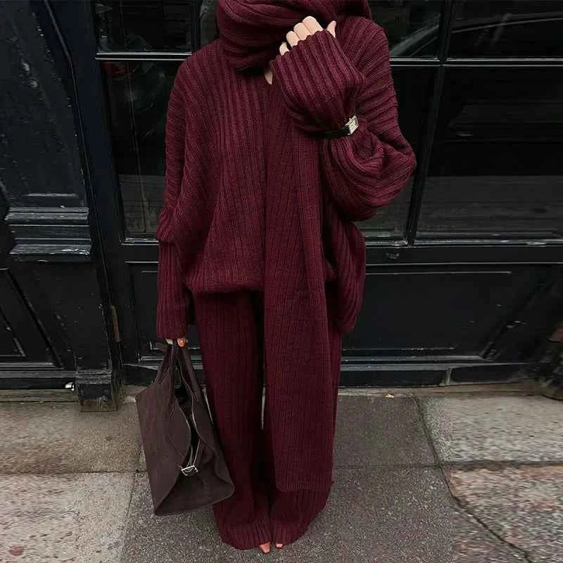 Women's Oversized Knit Set – Ribbed Sweater & Wide-Leg Pants with Scarf