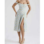 Women's Floral Print Midi Dress – Corset Style – Breathable Fabric – Split Design – Wide Straps Blue