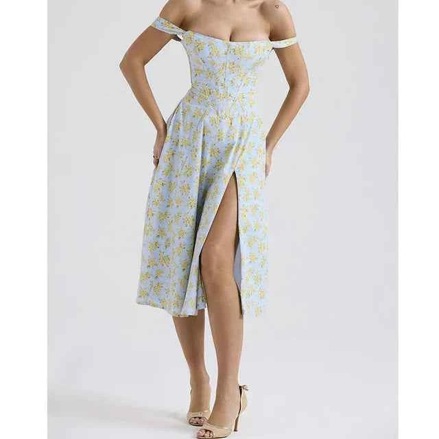 Women's Floral Print Midi Dress – Corset Style – Breathable Fabric – Split Design – Wide Straps Blue