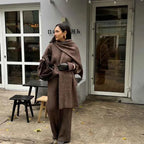 Women's Oversized Knit Set – Ribbed Sweater & Wide-Leg Pants with Scarf Brown
