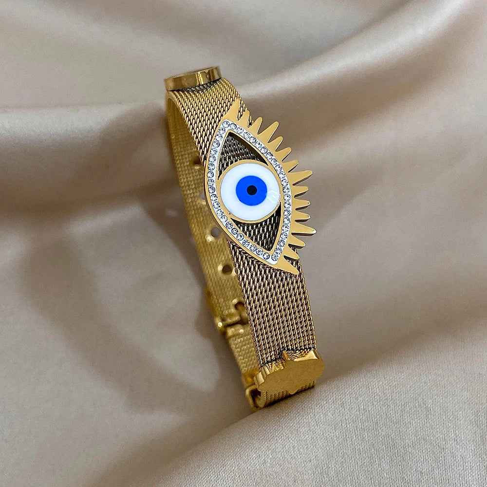 Mesh Band Evil Eye Charm Bracelet with Rhinestone Accents