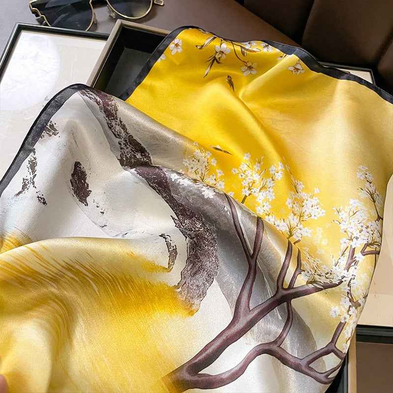 Women's Yellow Floral Print Silk Square Scarf