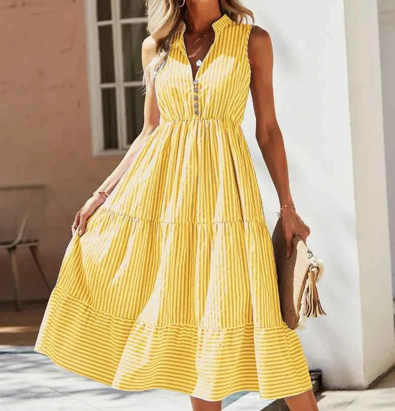 Mary | Stylish Striped Sleeveless Dress for Summer Yellow