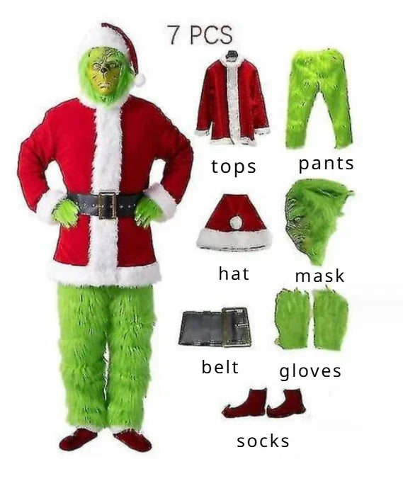 Halloween's Green Shaggy Monster Santa Claus Costume Set for Adults 7 pieces
