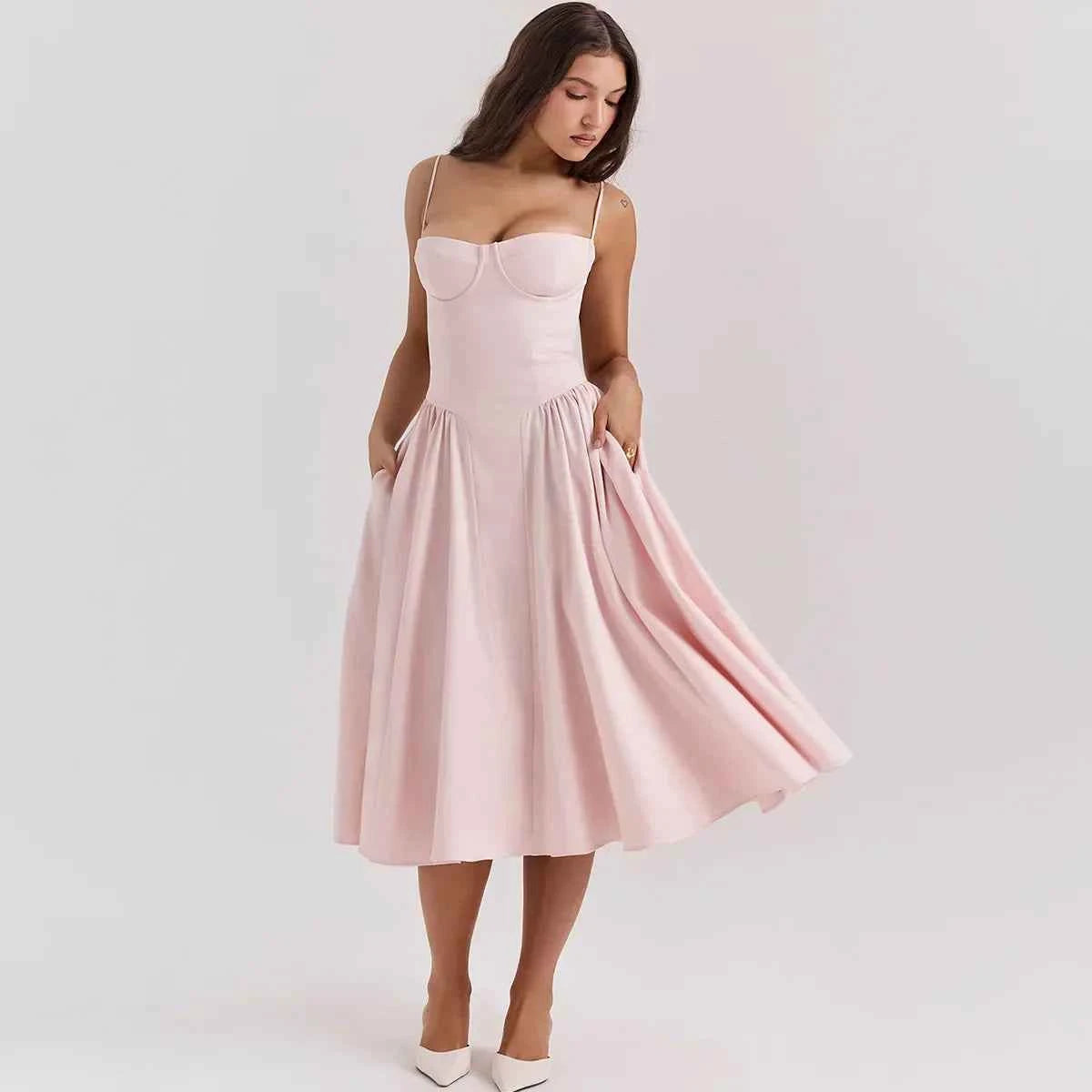 Women's Fitted Midi Dress with Spaghetti Straps and Pleated Flared Skirt