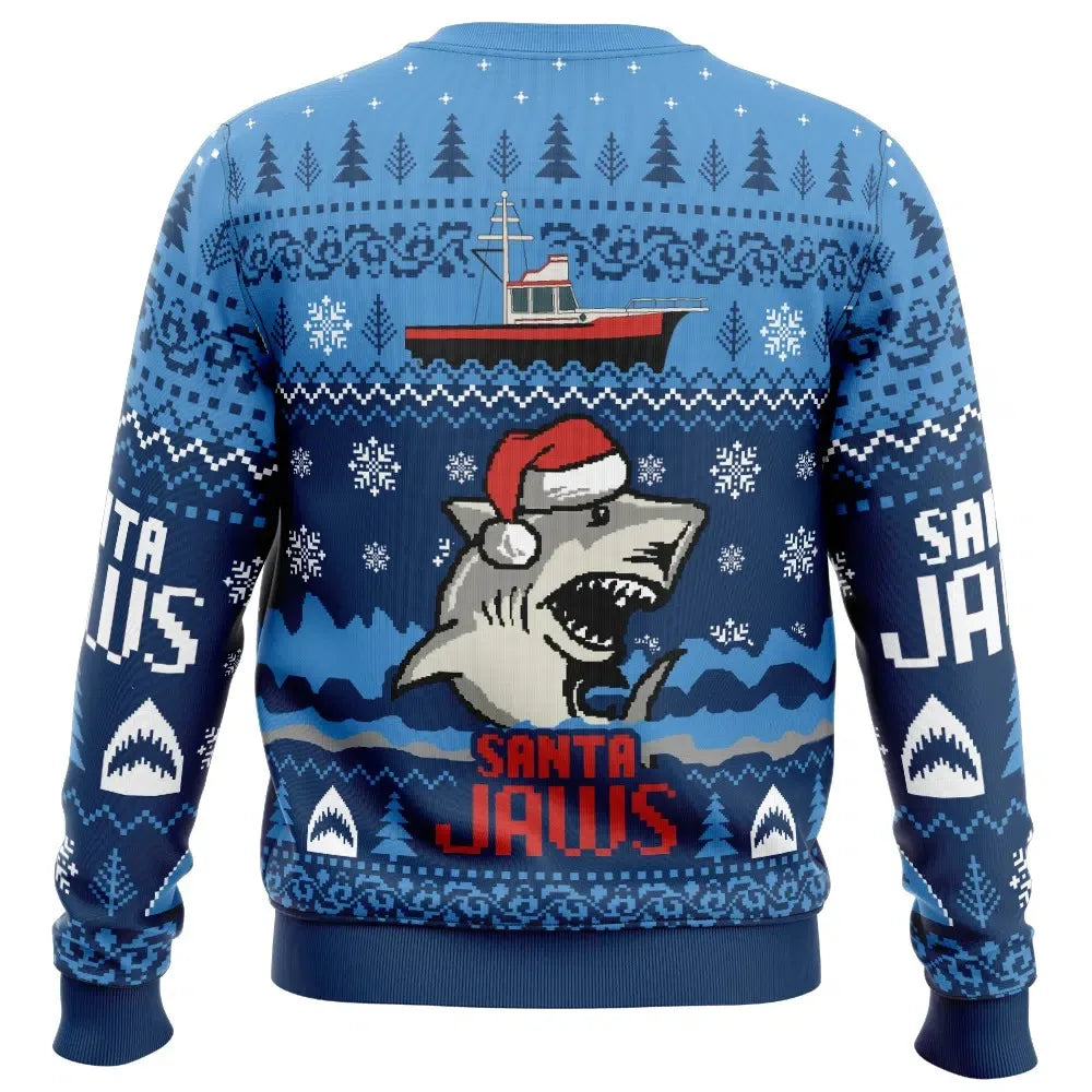 Grim julesweatshirt med rund hals til mænd - design med julemand og haj, store størrelser