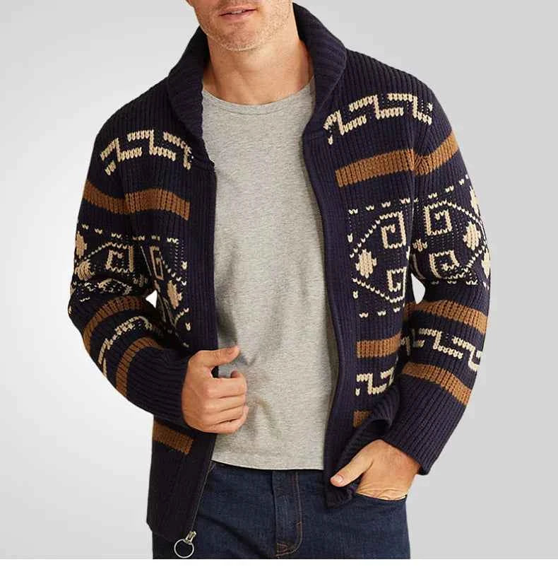Men's Slim Fit Knitted Wool Cardigan with Zip Closure and Geometric Pattern Navy